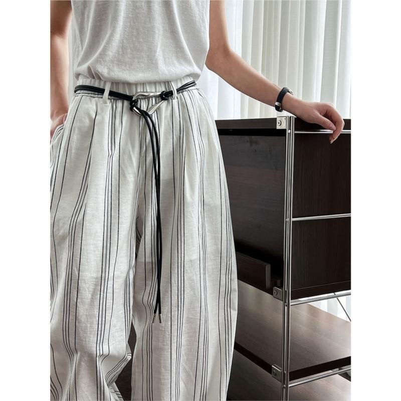 Johnature Casual Striped Elasticated Waist Pants Women Summer With Belt Lazy Wide-leg Trousers