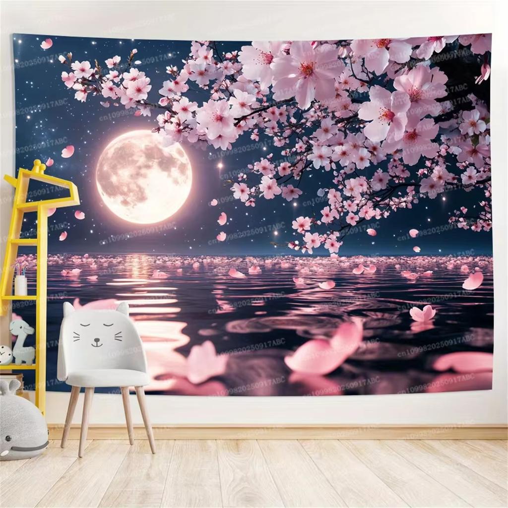 New tapestry peaceful cherry blossom and moon tapestry with starry sky and mountain view a beautiful decoration for bedroom