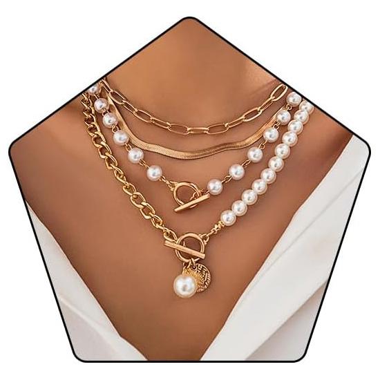 Kolip Gold Layered Chunky Necklace for Women, Paperclip Chain Pearl Necklace