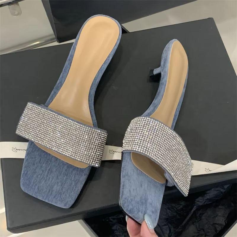 

Eilyken Summer Bling CRYSTAL Diamonds Square Toe Women Slippers Low Heels Party Dress Mules Slide Shoes 35