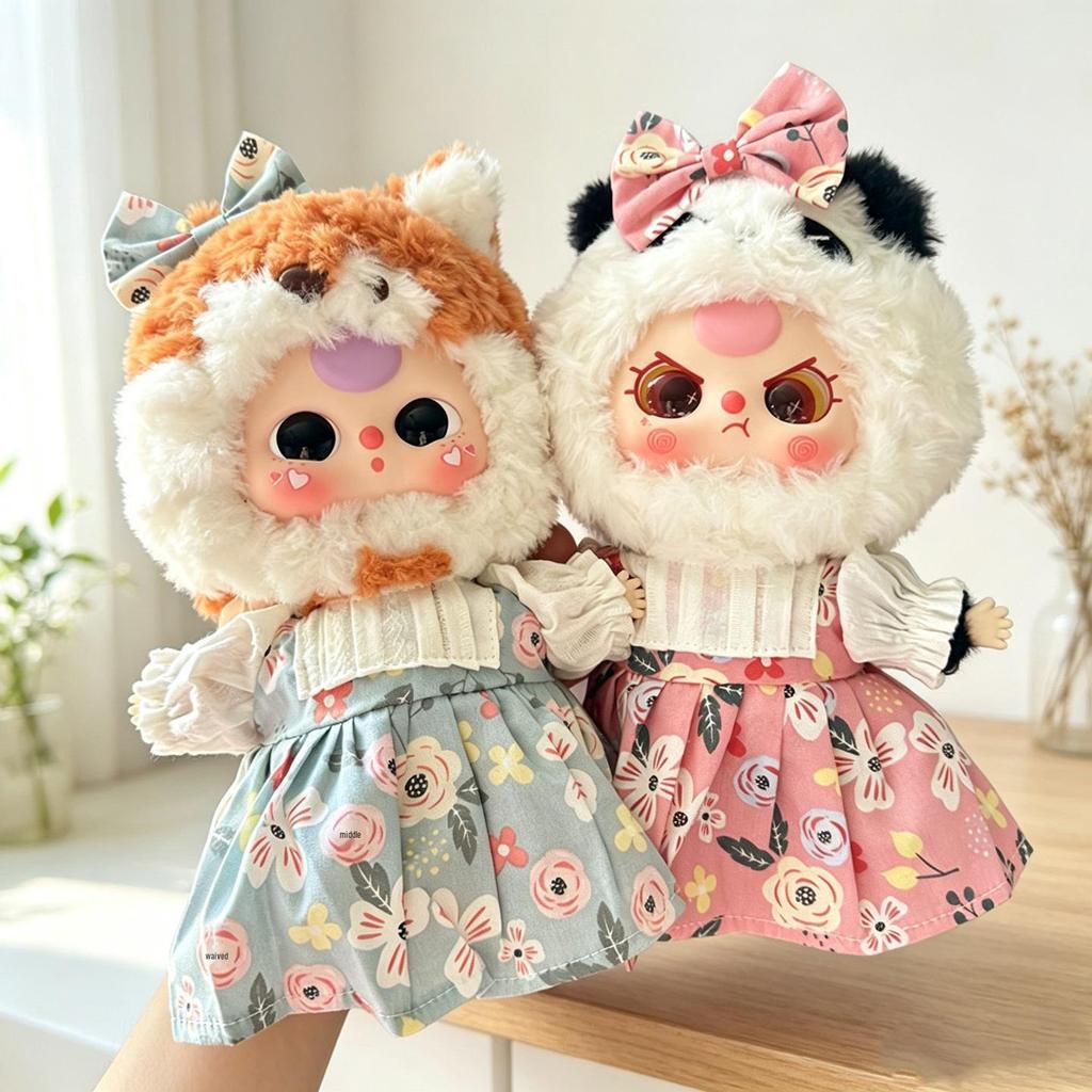 20cm Plush Doll Clothes: Fresh Floral Print Skirt Two-Piece Set for 3-Year-Old Doll, Third Generation Big Cute Series