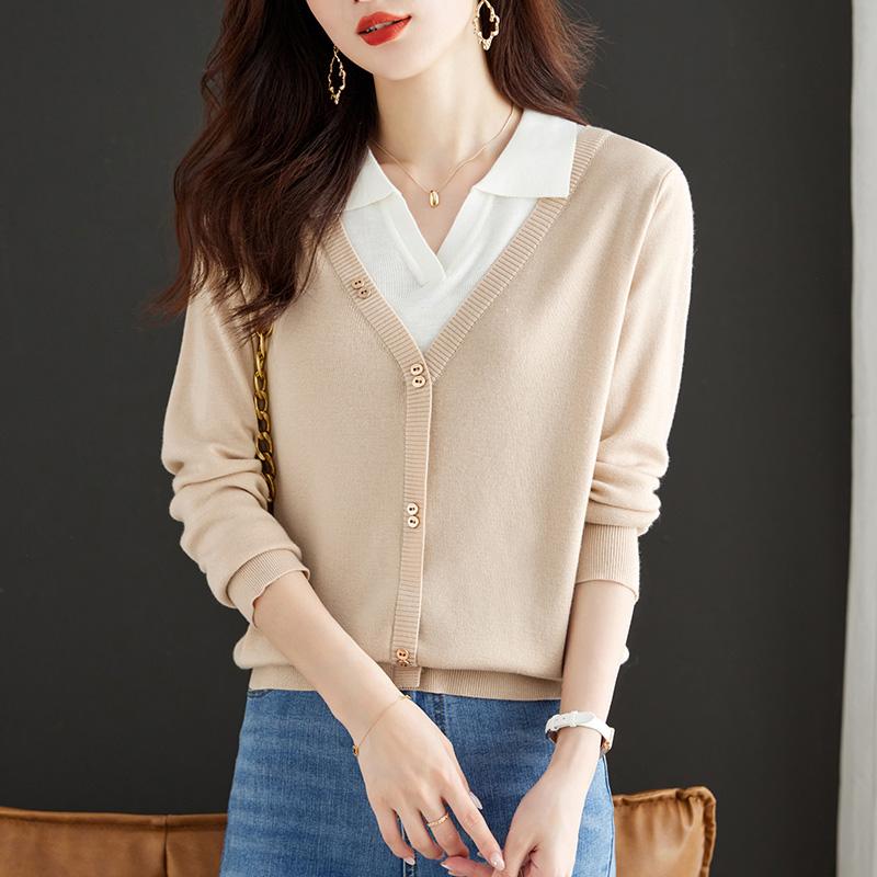 Fake Two Piece Long Sleeved Pullover Shirt Mom Autumn Outfit Polo Collar Knitted Sweater Women's Lapel Sweater Base Shirt