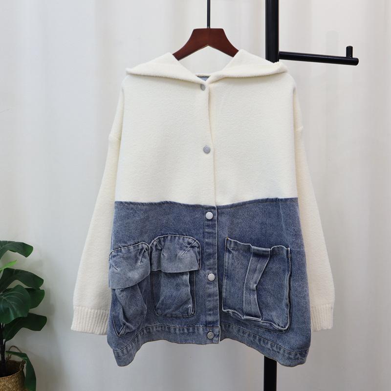 

Худи дизайн, пэчворк деним, вязаный двусторонний кардиган, новый свободный свитер-куртка для женщин на осень и зиму one size fits all