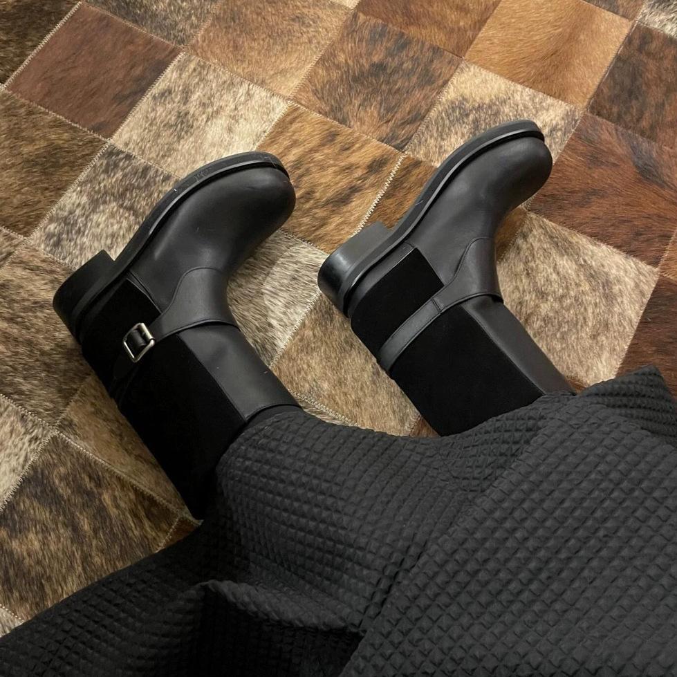 Retro Polished Round Head Martin Boots Thick Heel Belt Buckle Western Cowboy Short Boots Thin Inner Heightening Buckle Belt Martin Boots