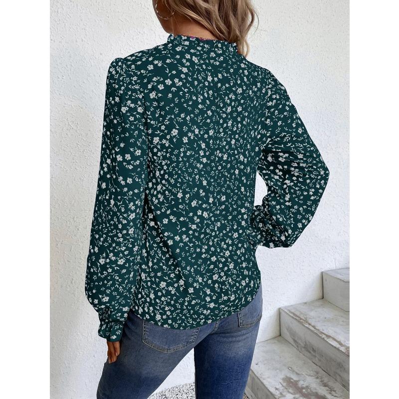 Podzimní dámská halenka s květinovým pulovrem, výstřihem do V, volánkovým, sladkým, potištěným tričkem s dlouhým rukávem
