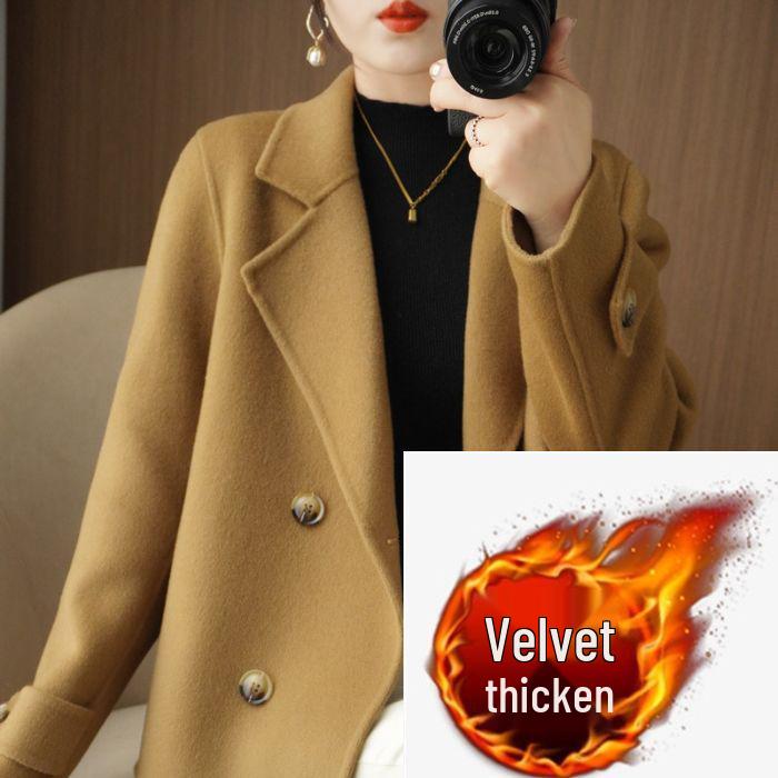 

Women’s Short Velvet & Wool Coat - Thick, Loose Fit, Autumn/Winter 2025, Lapel Style, Petite Size S (recommended for 80-110 jin) верблюд