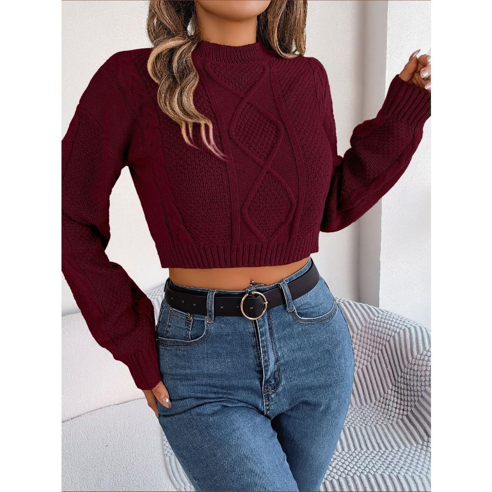 Autumn/Winter Casual Solid-Colour Cable-Knit Long-Sleeved Pullover with Cropped Hem for Women