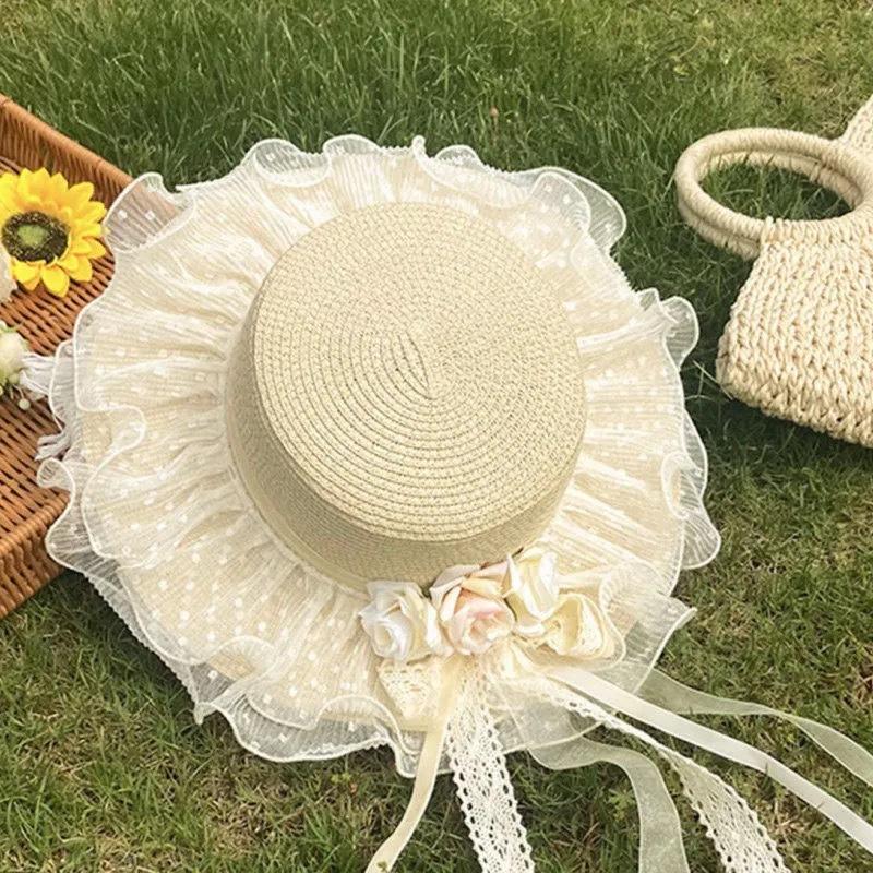 Sun Hat Pastoral Sweet Lolita Straw Hat Lace Bow Travel Streamer Sunscreen Straw Hat Beauty