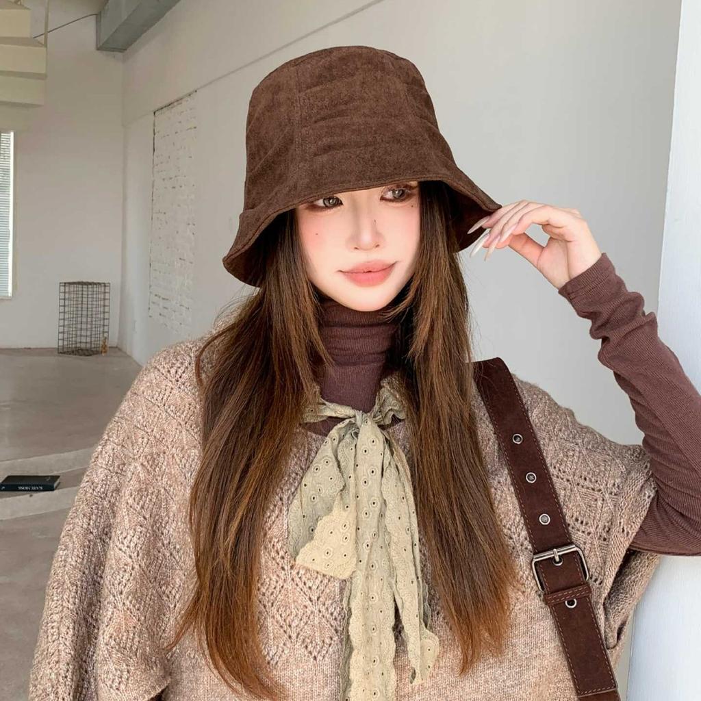 Retro Pleated Suede Fisherman's Hat Children's Versatile Face Small Bucket Hat Literary Temperament Basin Hat