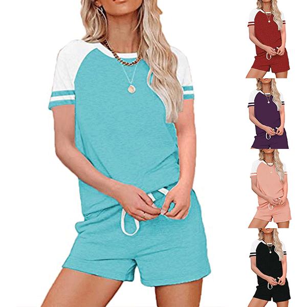 

Женская одежда для отдыха Рубашка с коротким рукавом и шорты Пижама Комплект Crewneck Пижама Летняя ночная одежда