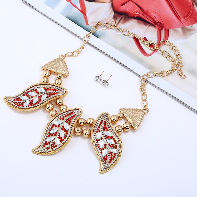 Leaf Necklace Vintage Set With Rhinestone Decor And Geometric Style For Women