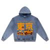DTG Print Knitted Denim Zip-Up Hoodie Yellow & Black Drift Car Anime Style Brother Print Zipper Hoodies  