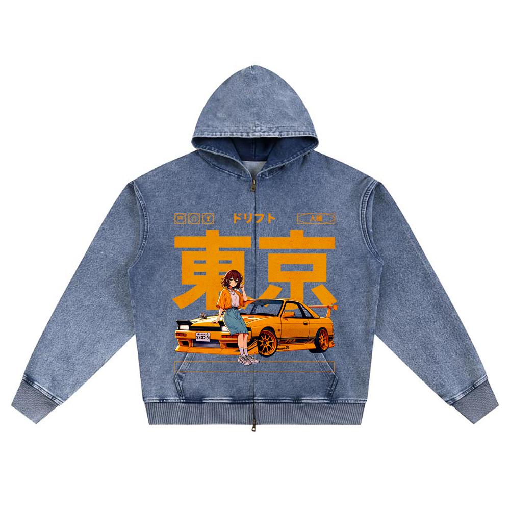 DTG Print Knitted Denim Zip-Up Hoodie Yellow & Black Drift Car Anime Style Brother Print Zipper Hoodies  