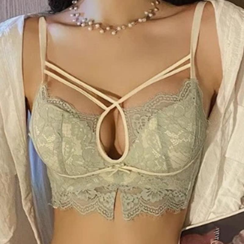 Brown Lace Push-Up Wireless Bra with Crisscross Straps and Bow Detail Lingerie
