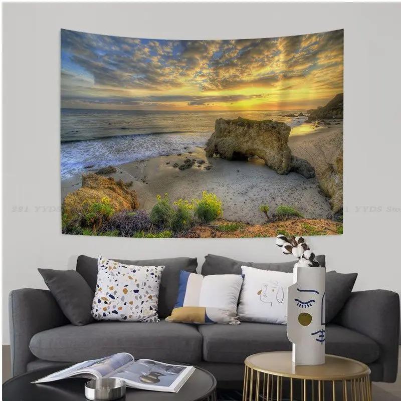 Büro Wohnzimmer Wandteppich Landschaft Strand Sonnenuntergang Cartoon Wandteppich Home Wanddekoration Wandteppich