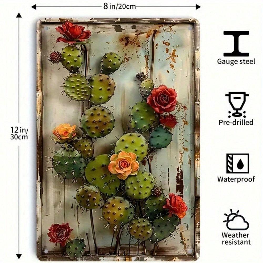 Vintage Metal Wall Art Rustic Tin Sign Cactus Flower Retro Decor