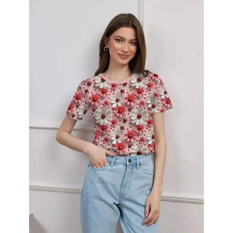 Women's Summer Round Neck Short Sleeved T-shirt Paired with 3D Floral Print Casual Top Breathable and Machine Washable Suitable for Outdoor Daily Wear