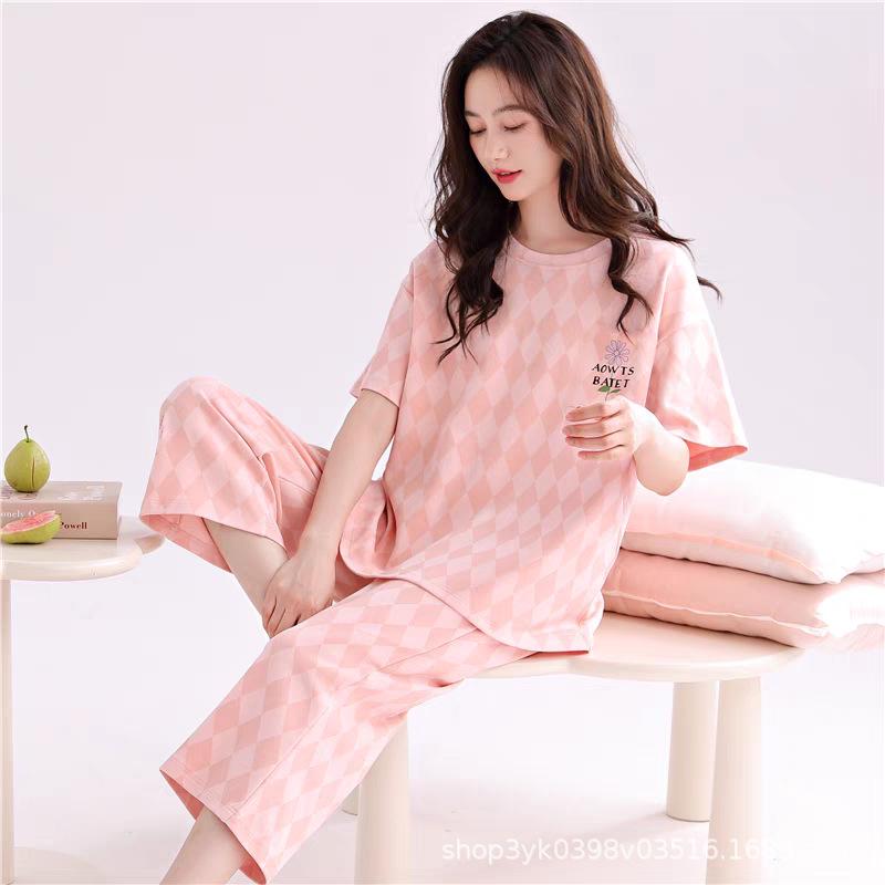 2026 Women s Spring/Summer Short Sleeve Pajama Set: Imitation Cotton, Casual Loose Fit, Seven-Point Pants XL: 108-125 Jin