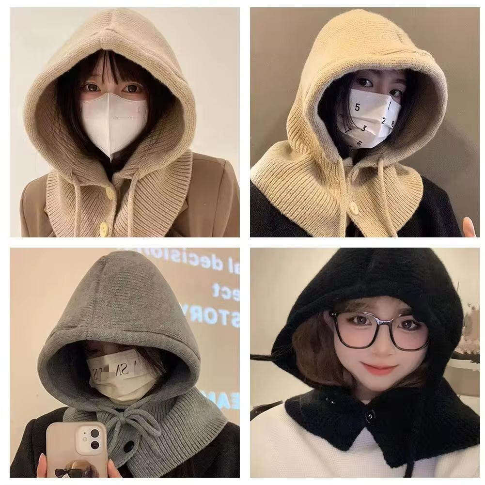 Winter Balaclava Hats For Women Unisex Knitted Hooded Caps Outdoor Warmer Drawstring Hat One-Piece Neck Collar Beanies Caps