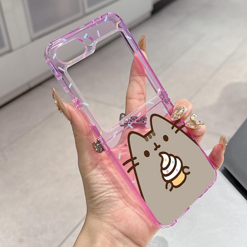 

Cute Cartoon Cat P-Pusheens Metal Connector Phone Case for Samsung Galaxy Z Flip3 Flip4 Flip5 Flip6 Flip7 Candy Color Soft TPU Samsung Z Flip5 5G