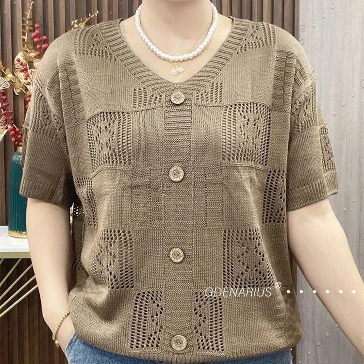 Slim Casual Base Knitted Short Sleeved Hollowed Out Shirt Solid Basic Tee Tops