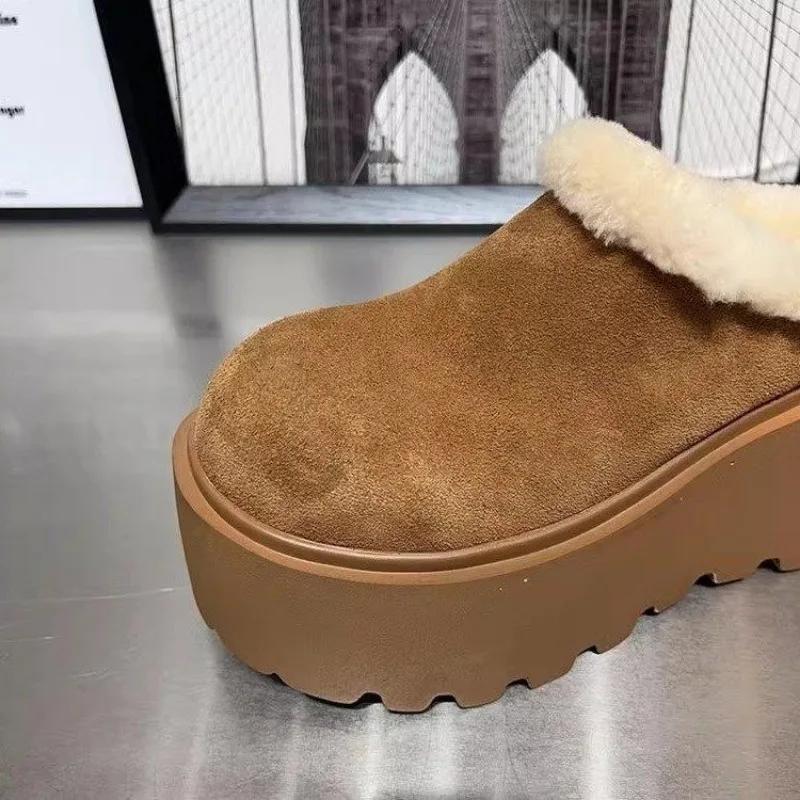 Fashion Platform High Heels Women Fur Slippers Suede Mules Shoes Winter 2025 Trend New Casual Snow Boots Short Plush Warm Cotton Shoes