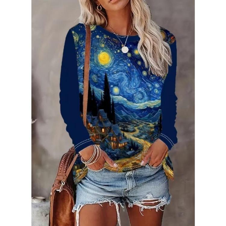 3D Floral Printed Long Sleeve T Shirt Women Fashion Round Neck Top Holiday Weekend