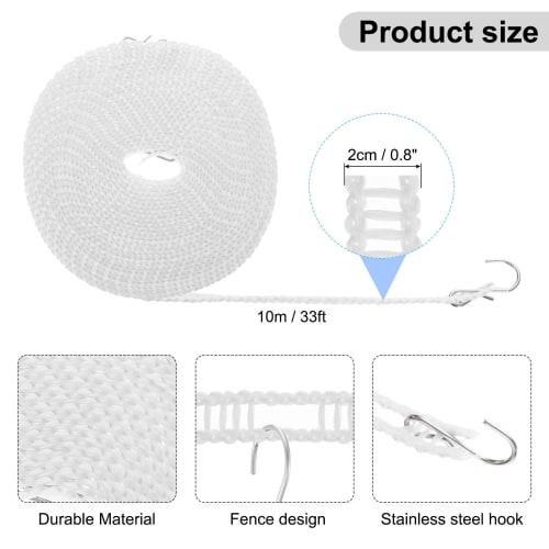 Uxcell 2-Pack Windproof Clothesline, 10M 33FT Plastic Non-Slip Clothesline, Portable Travel Clothesline for Balcony, Outdoor Laundry, Camping, White