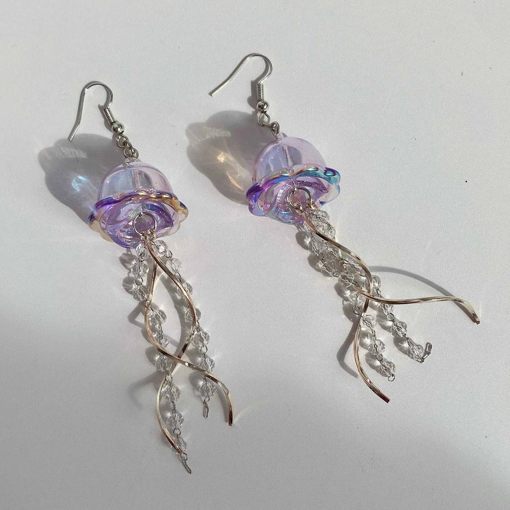 Transparent Iron Jellyfish Earrings Natural Stone Trendy S-Shaped Chain Tassel Hand-Crafted Beaded Design Cross-Border
