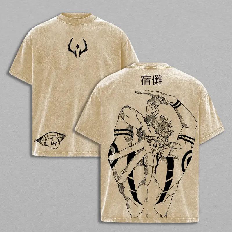 Ryomen Sukuna Print T-shirt Anime Jujutsu Kaisen Clothing Men Short Sleeve Tshirts Retro Washed T Shirt Harajuku Male Cotton Top