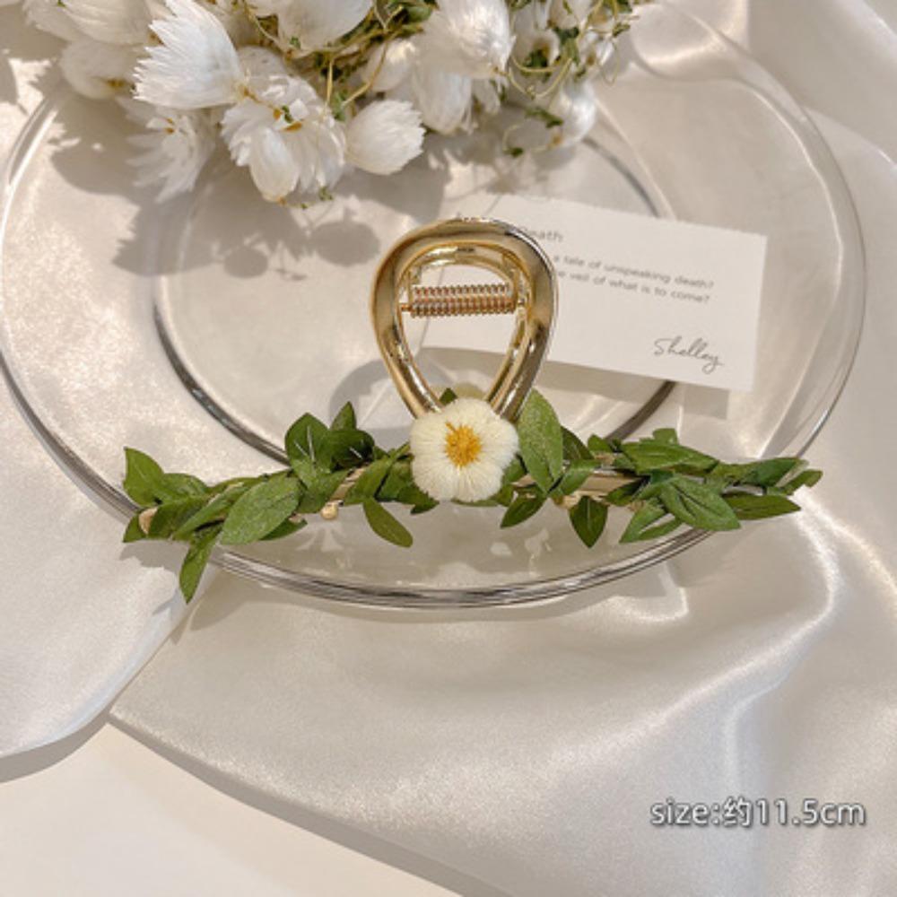 

Elegant Floral Claw Hair Clip Romantic Style Cream White Fabric Flower with Green Leaf Gold plastic Frame for Women