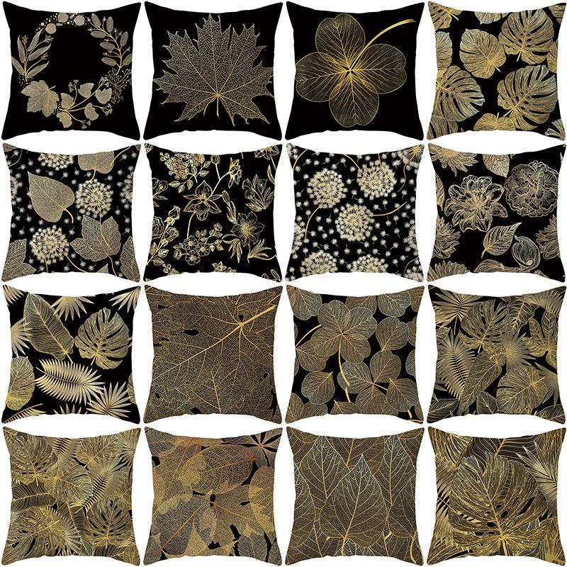 Home Furnishings Black Gold Leaf Print Cushion Cover Office Cushion Cover Waist Pillow Cover