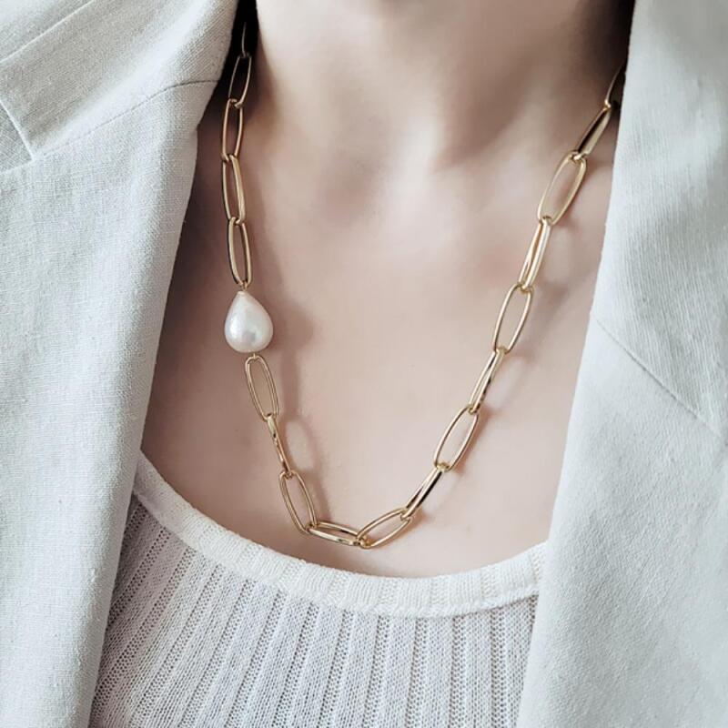 Braffi Office Square Chain Necklace Beaded Pearl Women