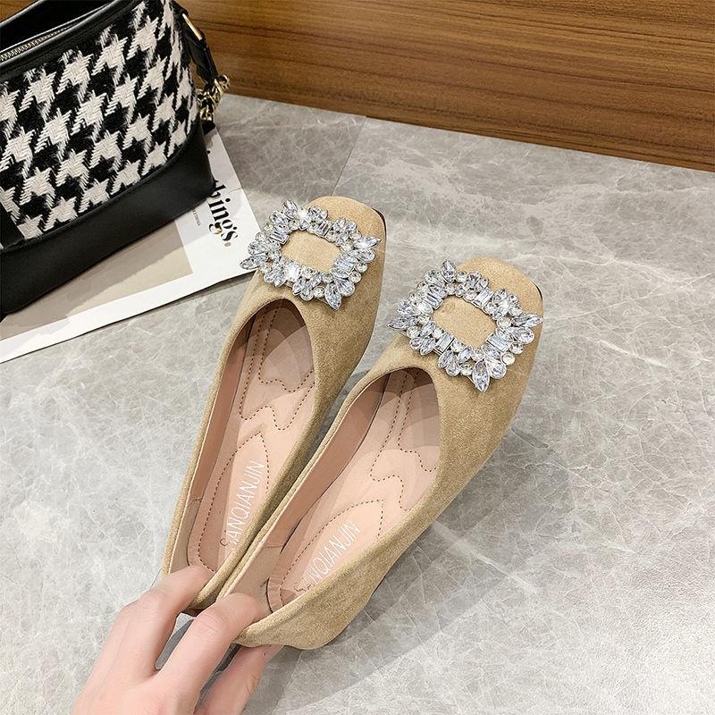 Single shoes women's spring 2025 new rhinestone square head shallow mouth flat bottom non-slip Internet celebrity fashion versatile gentle ladyshoes