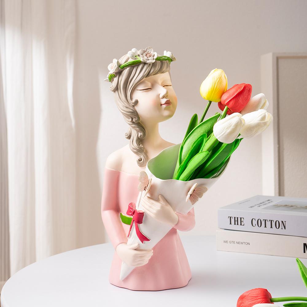 Nordic Girl Flower Arrangement Decorative Vase Ornaments Unique Home Storage Living Room Work Tabletop Resin Crafts