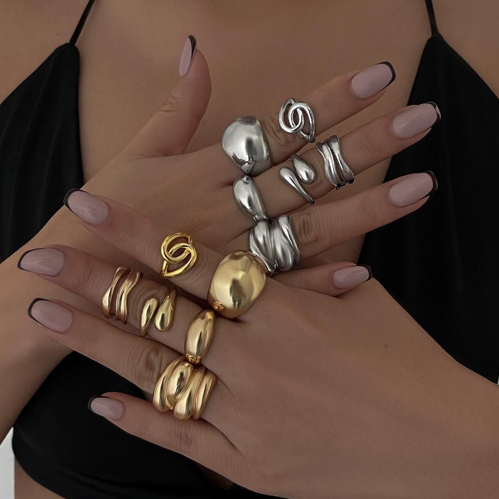 Ingemark Trendy Exquisite Irregular Geometric Rings Set Women Creative Simple Metal Opening Finger Ring Aesthetics Jewelry Gift