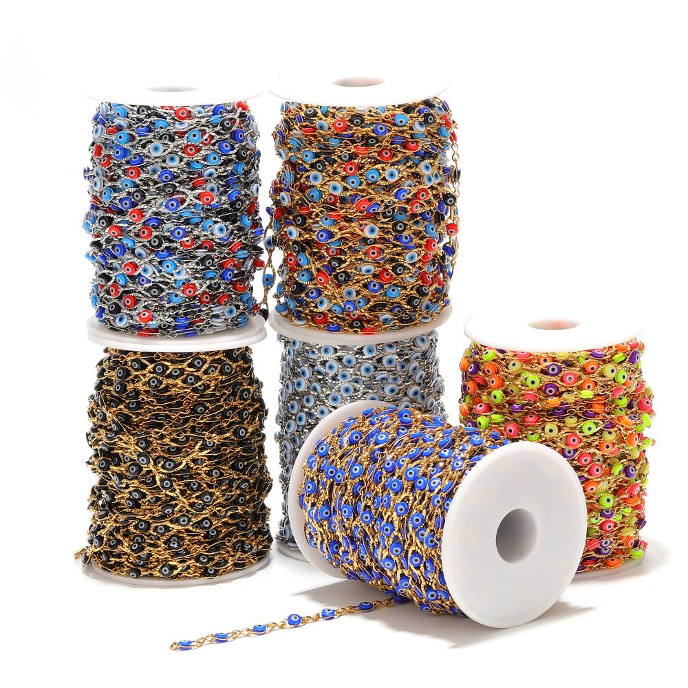 1 Meter Stainless Steel Plastic Beads Turkey Eyes Charms Oval Link Chains Beaded Chain for DIY Jewelry Necklace Bracelet Making