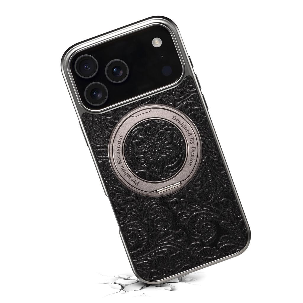For iPhone 17 Pro Max Kickstand Phone Case Flower Imprint Genuine Cow Leather Back Cover Compatible with MagSafe