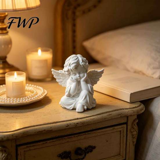 Guardian Angel Statue 3D Printed Retro Figurine, Holding Chin Statue, Matte Ornament White Sculpture for Home Office Desk Decor Outdoor