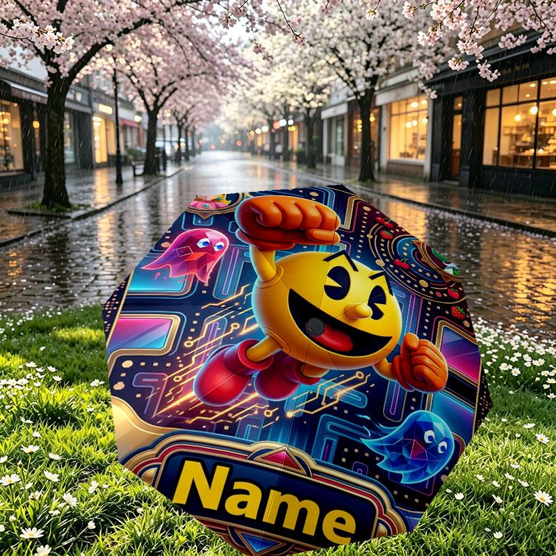 Custom Name Personalized PAC MAN Print Umbrella, Auto Open Close, 8‑Rib Sturdy Frame, Commute Camping Hiking Use, Birthday Gift