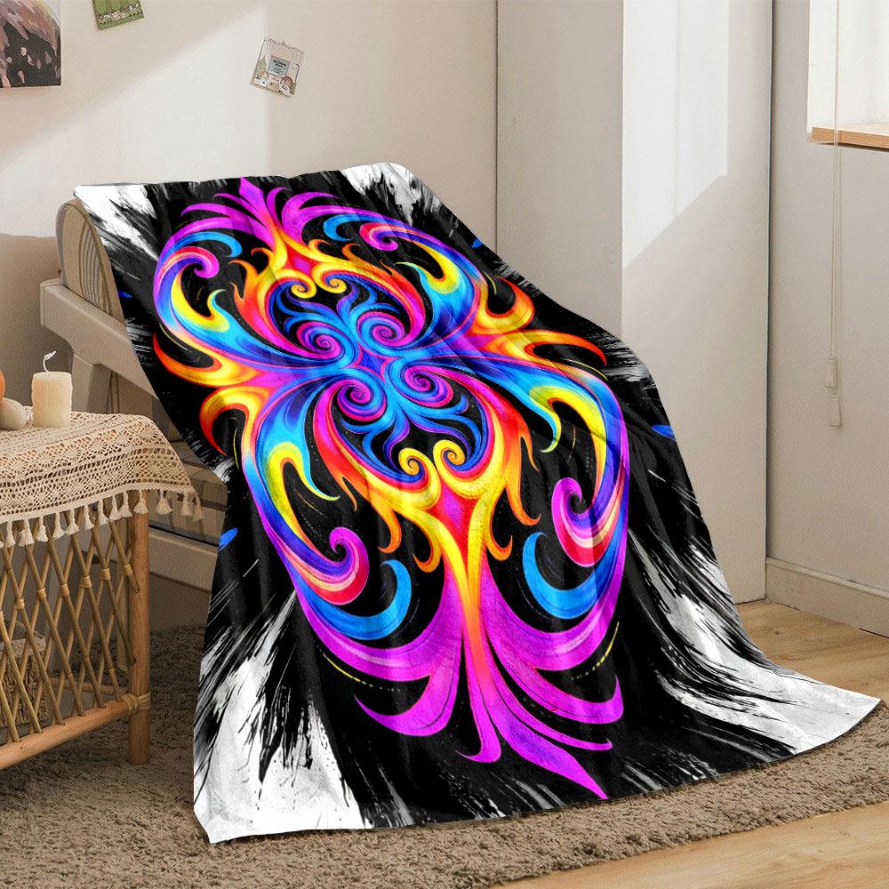 A vibrant, symmetrical swirl pattern with neon hues on a black background. for all seasons blanket lunch break throw gift