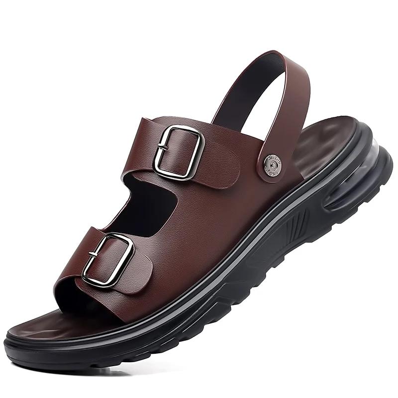 Summer Men's Genuine Leather Sandals Fashion Casual Non slip Large Hollow Breathable Sandals Men's Beach Shoes Hole Shoes