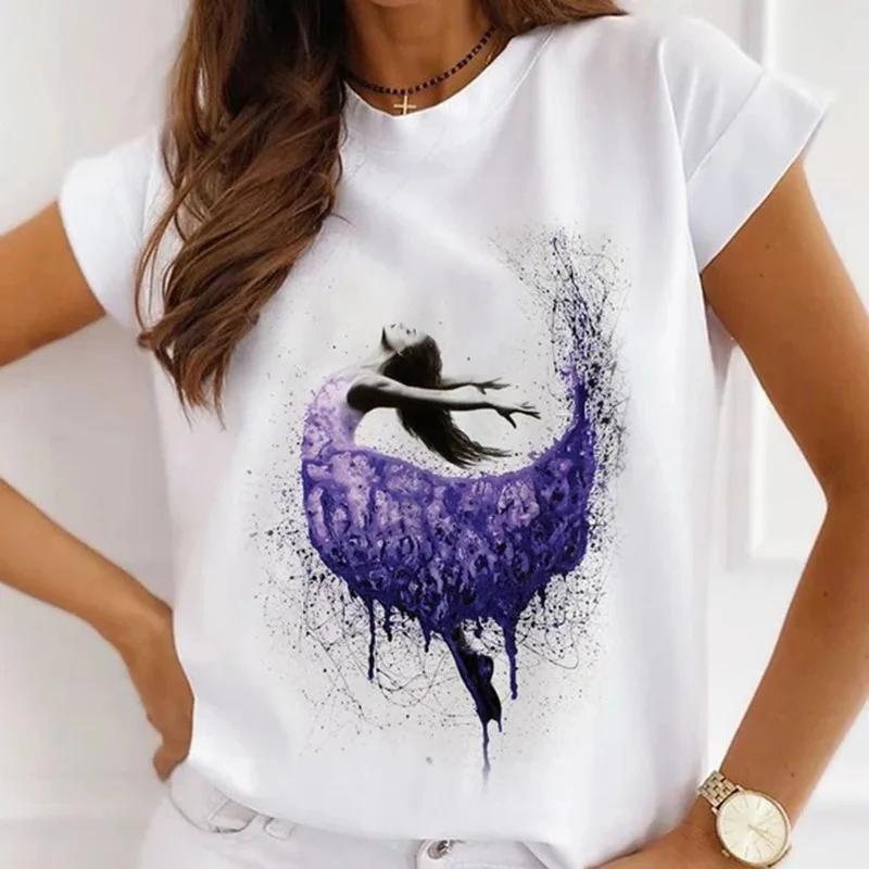 Stylish African Womens Watercolor Ballerina Girl Cute Cartoon Short Sleeve Tshirt Summer Tops Vintage Clothes Oversized Tee