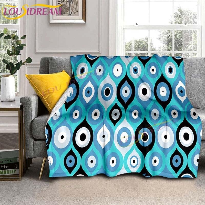 Evil Eye włoski prezent Malocchio Eye niebieski i biały koc rzut koc narzuta na kanapę Boho Chic Distressed Tribal Decor