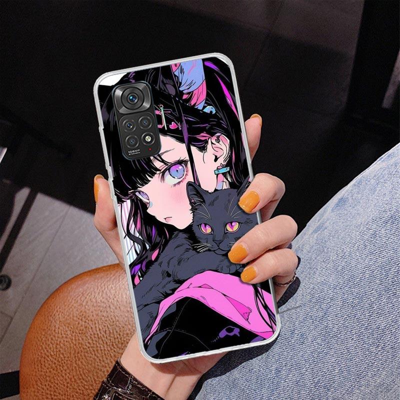 Anime Mädchen Süße Schwarze Katze Handyhülle Für Xiaomi Redmi Note 15 14 13 12S 12 11 Pro Plus 14S 11S 11E 10 10S 11T 5G Personalisiert C