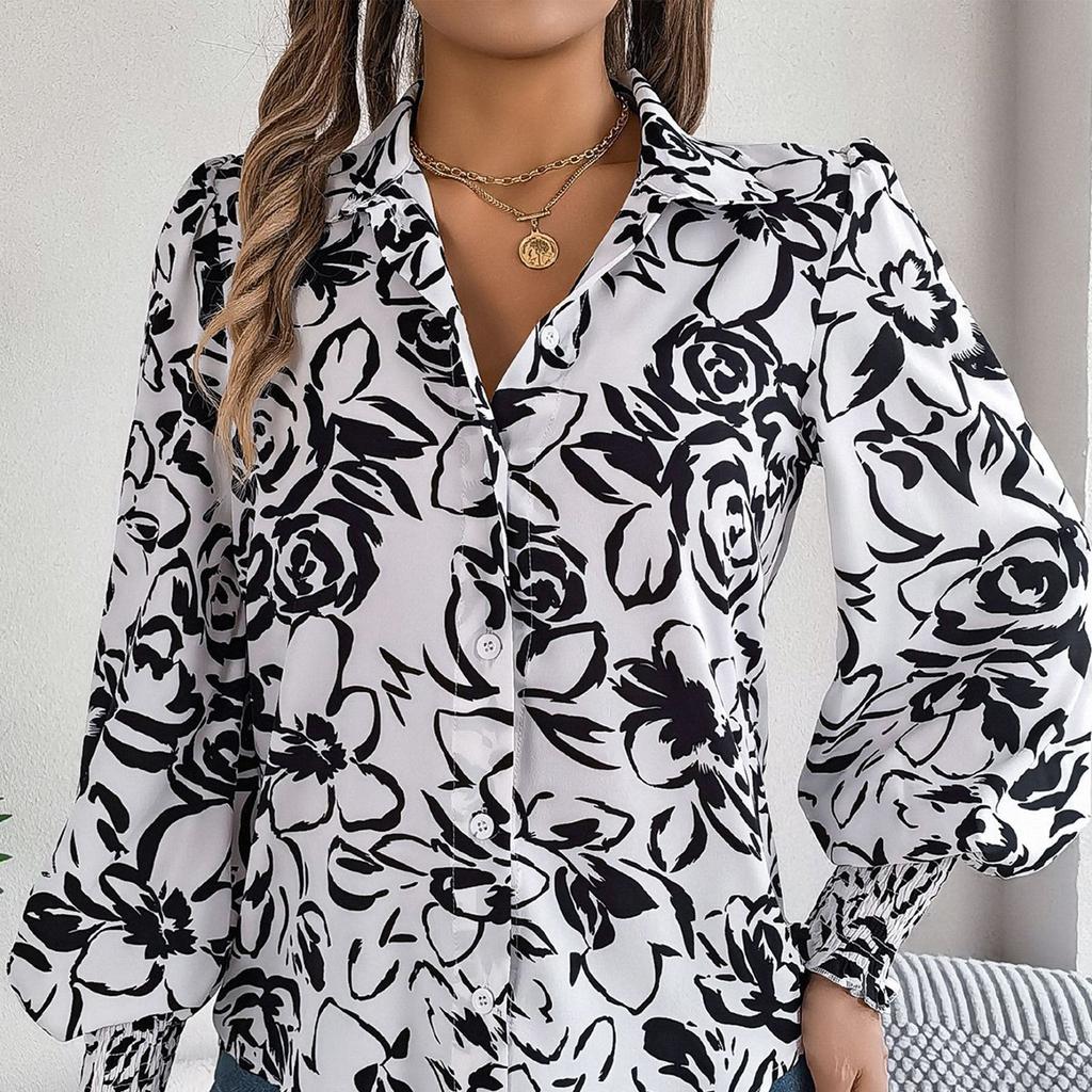 Women's Fashion Contrast Color Flower Long Sleeve Lapel Shirt Long Sleeve Top