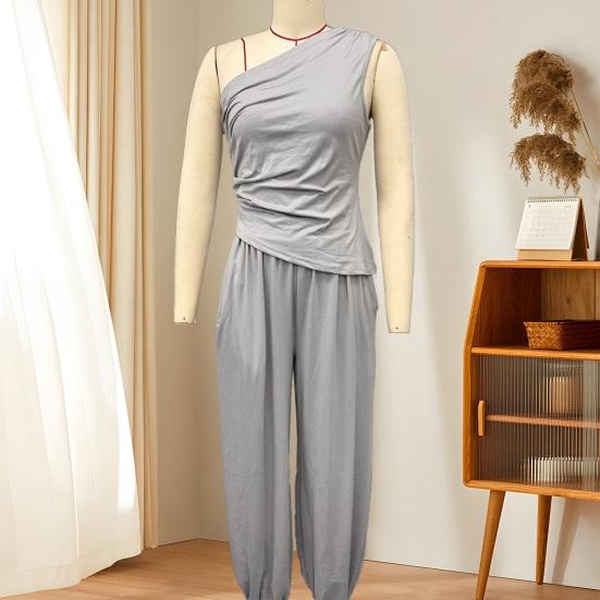 Women Tank Top Pants Two Piece Set Summer One-shoulder Sleeveless Shirt Trousers Solid Color Breathable Loose Casual Top Pants Suit