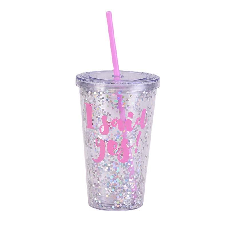 Gifts Wedding Water Cup 16Oz Double Layer Plastic Straw Cup Transparent Simple Sequin Plastic Cup Female