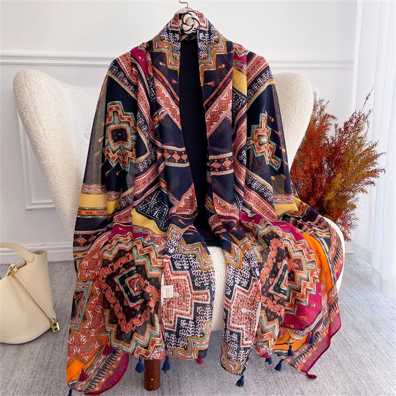 

Luxury Ethnic Style Cotton Scarf for Women Floral Tassel Headscarf shawl Linen Travel Handkerchief Wrap Ventilate Muslim Hijab 90X180CM