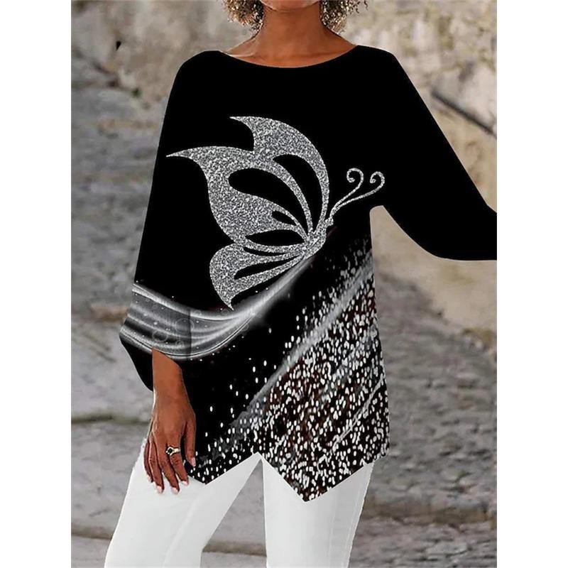 Fashion Geometric Printing Crew Neck Women Shirt Spring Summer Loose Plus Size Office Long Blouse Streetwear Casual Irregular Tops Elegant Clothing